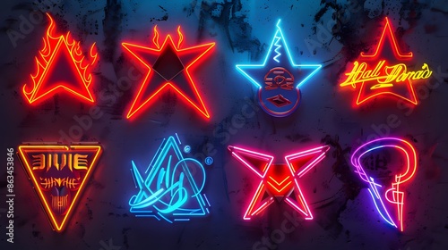 Hair metal band logos lit up with vivid LED light signs, reflecting the 80s rock scene., isolated white background, Retro 80s synthwave, Photo stock style, clean background, no copyrighted logo, no photo