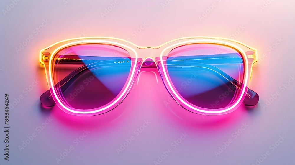 Neon-colored sunglasses with 80s motifs and LED accents., isolated white background, Retro 80s synthwave, Photo stock style, clean background, no copyrighted logo, no letters Neon-colored sunglasses with 80s motifs and LED accents., isolated white background, Retro 80s synthwave, Photo stock style, clean background, no copyrighted logo, no letters