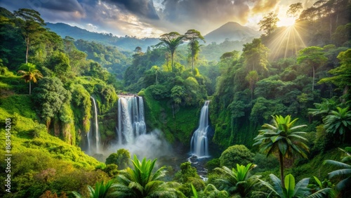 Vibrant tropical forest landscape with lush greenery, misty mountains, and serene waterfalls, perfect for environmental ecology, sustainable energy, and earthy spa and tourism themes.