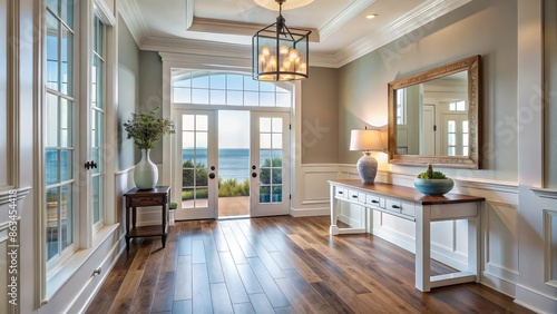 Coastal-inspired hallway foyer with transom window, hanging light fixture, and entryway table on wood floors, open
