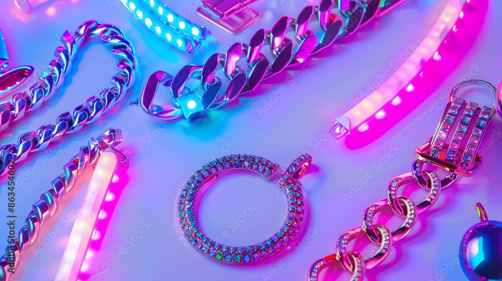 Obraz premium Neon-colored 80s jewelry and accessories with LED highlights., isolated white background, Retro 80s synthwave, Photo stock style, clean background, no copyrighted logo, no letters
