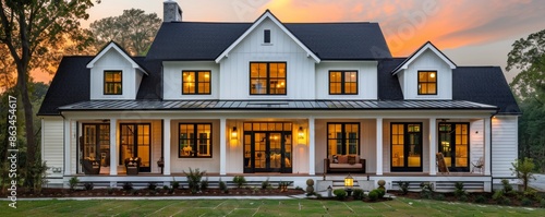 Modern Farmhouse With Large Windows At Sunset