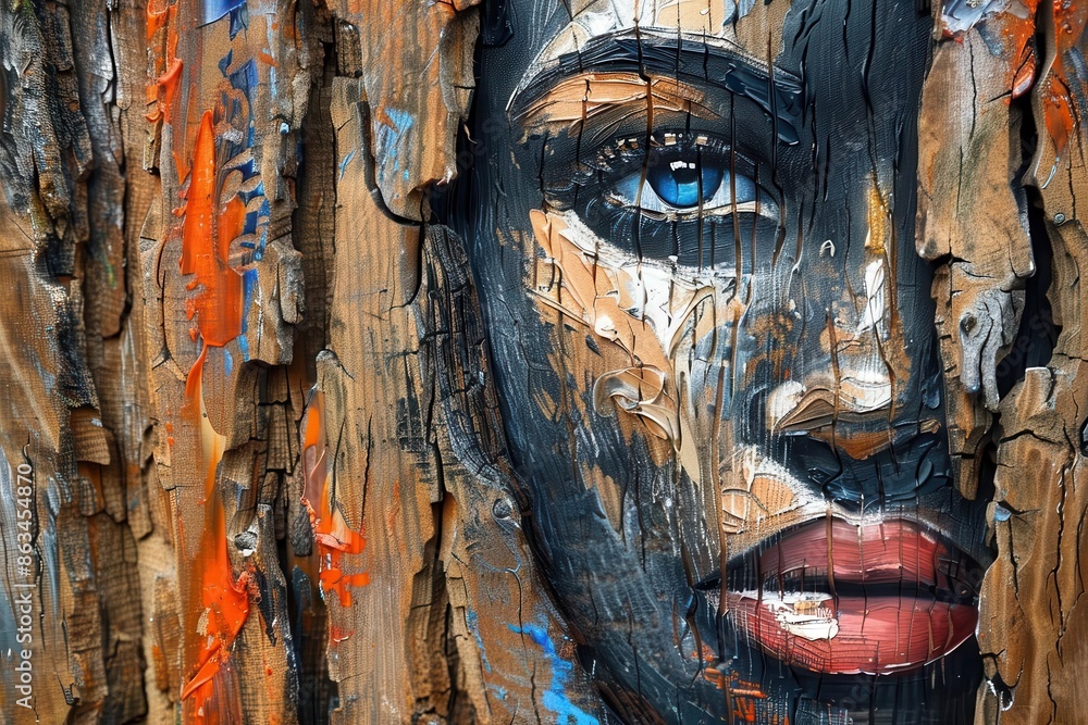 abstract human face portrait on wood bark texture bold expressive brush strokes modern art painting abstract human face portrait on wood bark texture bold expressive brush strokes modern art painting