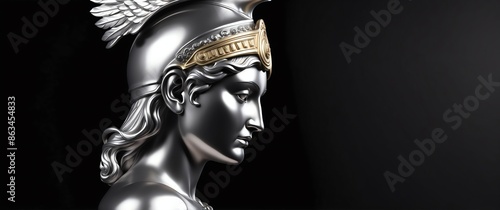 silver athena head statue on plain black background banner with copy space