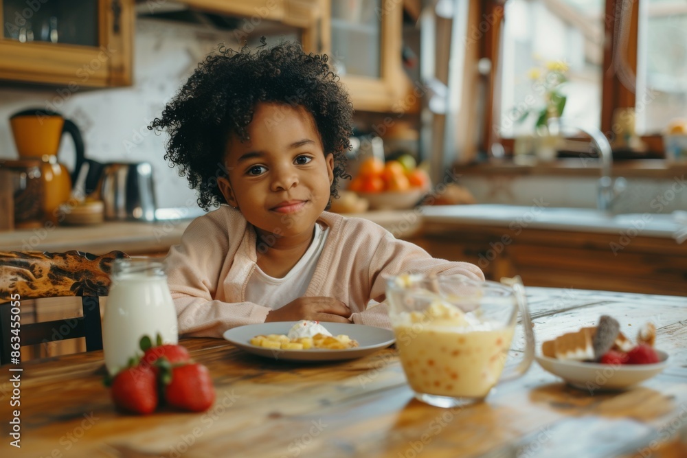 child having breakfast eating yogurt with fresh fruit, sitting at the kitchen table child having breakfast eating yogurt with fresh fruit, sitting at the kitchen table