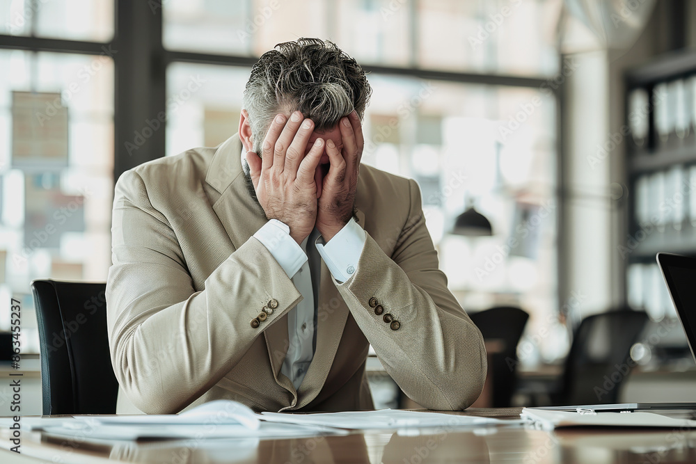 Stressed businessman in beige suit covering face at desk in bright, modern office. Stressed businessman in beige suit covering face at desk in bright, modern office.