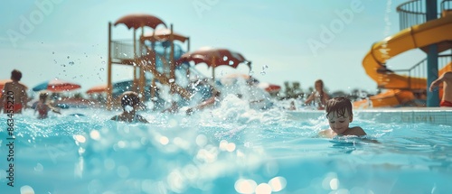 Water park with a wave pool and kids playing, showcasing a popular summer attraction
