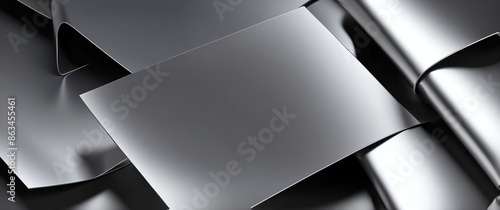 silver metallic sheets abstract on plain black background banner with copy space