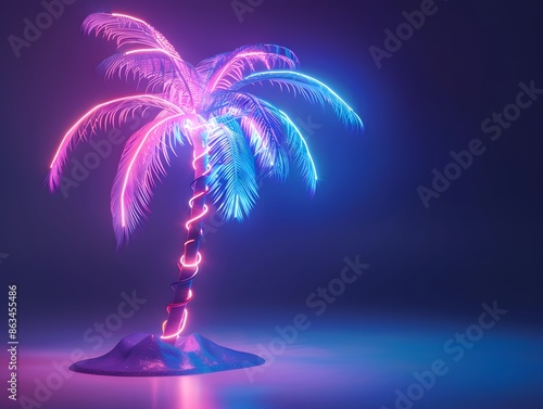 An LED-lit neon palm tree with an 80s vibe., isolated white background, Retro 80s synthwave, Photo stock style, clean background, no copyrighted logo, no letters