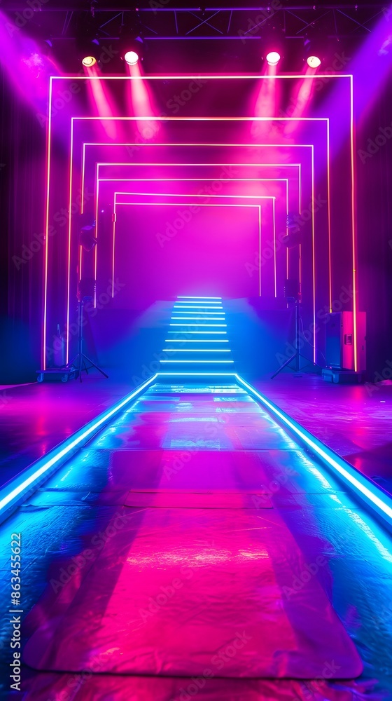 A neon-colored 80s fashion runway with LED light signs., isolated white background, Retro 80s synthwave, Photo stock style, clean background, no copyrighted logo, no letters A neon-colored 80s fashion runway with LED light signs., isolated white background, Retro 80s synthwave, Photo stock style, clean background, no copyrighted logo, no letters