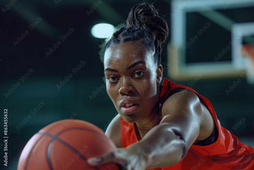 Woman basketball player on court during game wearing red uniform.