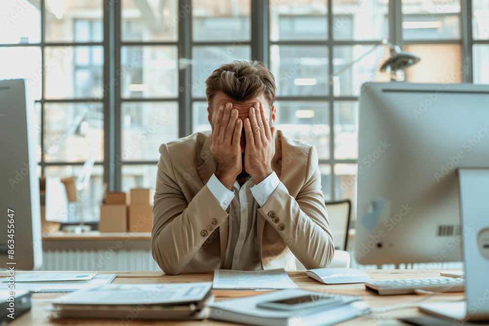 Stressed businessman in beige suit covering face at desk in bright, modern office. Stressed businessman in beige suit covering face at desk in bright, modern office.