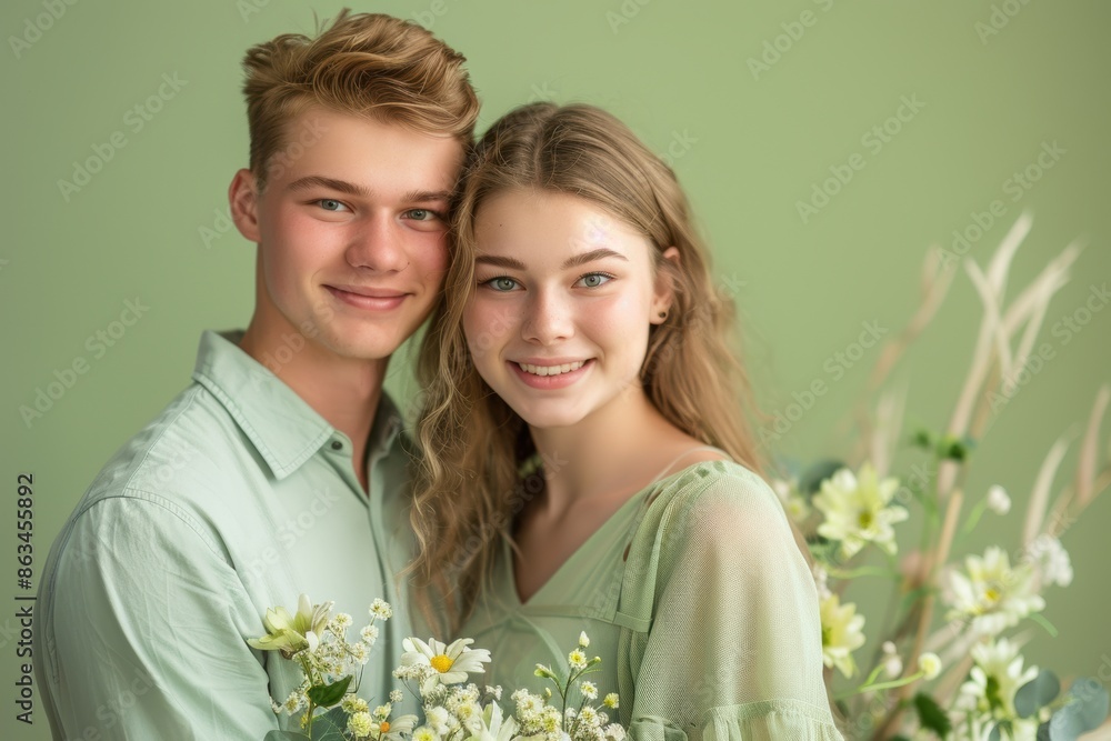 A lovely Caucasian girl, adorned in a green top and clutching flowers, stands beside a handsome man on the background sets a tranquil ambiance with its light blue-green tint. A lovely Caucasian girl, adorned in a green top and clutching flowers, stands beside a handsome man on the background sets a tranquil ambiance with its light blue-green tint.
