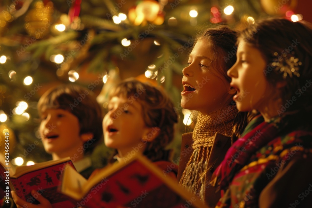Stock photo of a family singing carols around the Christmas tree Stock photo of a family singing carols around the Christmas tree