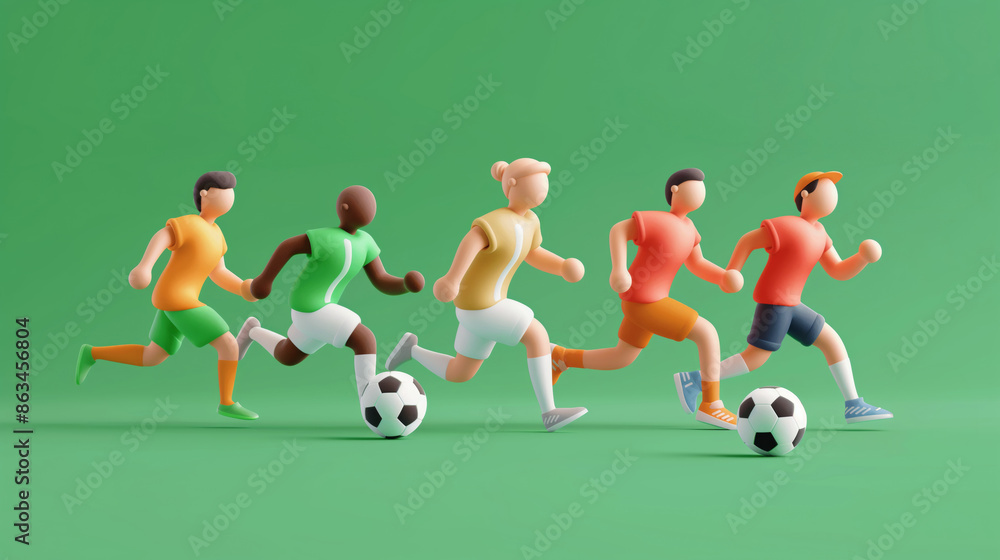 3D illustration cartoon soccer players are running across a green field. Each player is wearing a different colored jersey. 3D illustration cartoon soccer players are running across a green field. Each player is wearing a different colored jersey.