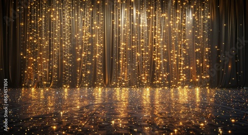 Golden Lights Curtain Stage Background With Sparkling Floor