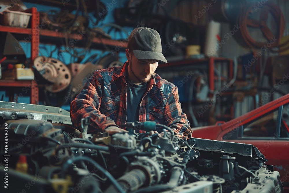 Auto mechanic works with broken engine in mechanic or auto repair shop Auto mechanic works with broken engine in mechanic or auto repair shop