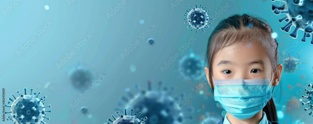 A girl wearing a blue face mask is surrounded by a blue background with a lot of germs A girl wearing a blue face mask is surrounded by a blue background with a lot of germs
