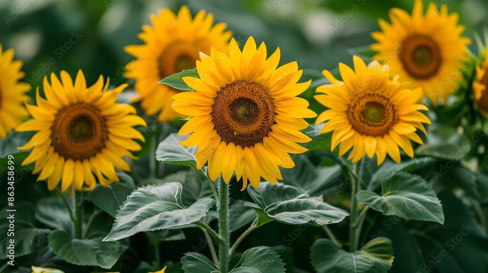 A cluster of vibrant sunflowers, with the golden petals standing out against the darker green of the leaves. A cluster of vibrant sunflowers, with the golden petals standing out against the darker green of the leaves.