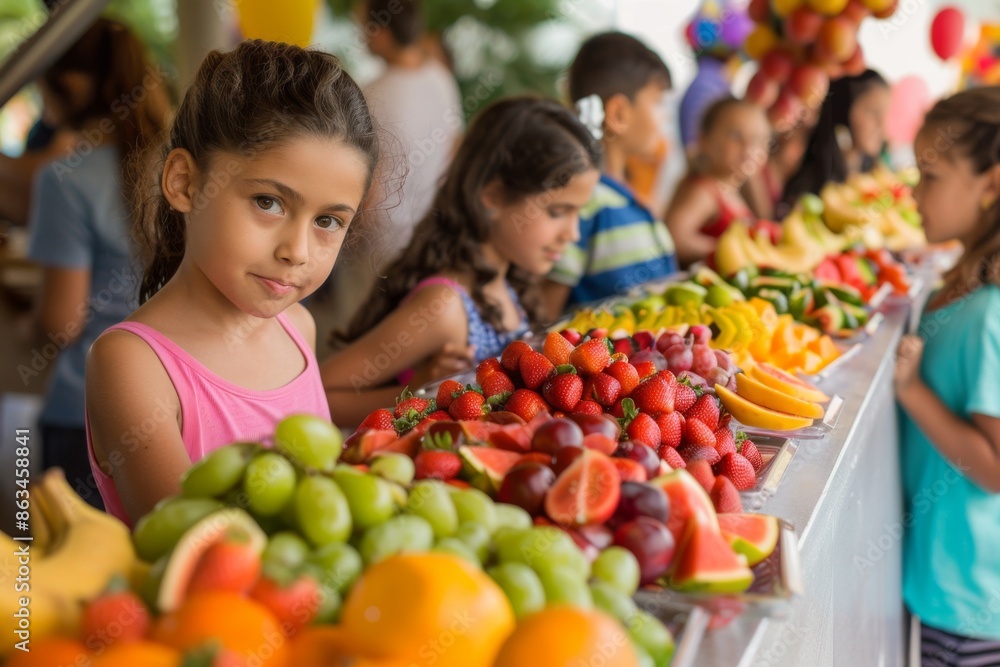 Children joyfully select fruits from a colorful fruit bar at a birthday party Children joyfully select fruits from a colorful fruit bar at a birthday party