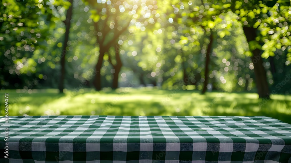 A green and white checkered tablecloth on an empty summer picnic background with blurred green trees in the park. A green and white checkered tablecloth on an empty summer picnic background with blurred green trees in the park.