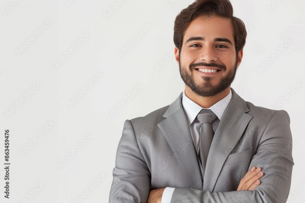 Young man in business suit, smiling, arms crossed, in office background. Young man in business suit, smiling, arms crossed, in office background.