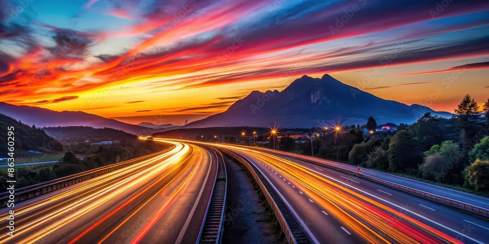 Dynamic sunset light trails on highway with mountain silhouette, sunset, light trails, highway, mountain, silhouette, dusk Dynamic sunset light trails on highway with mountain silhouette, sunset, light trails, highway, mountain, silhouette, dusk