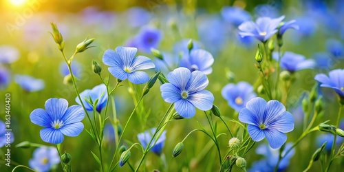 Fototapeta Naklejka Na Ścianę i Meble -  Flax blue flowers blooming in a meadow, flax, blue, flowers, bloom, meadow, nature, spring, delicate, petals, vibrant, field