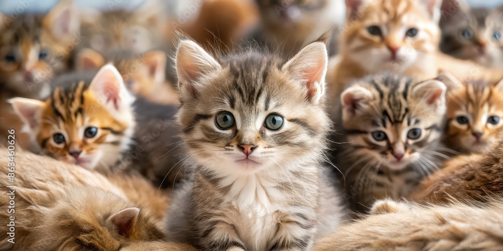 A close-up photo of a fluffy kitten surrounded by various animals on World Animal Day , Animals, pets, celebration, global, furry A close-up photo of a fluffy kitten surrounded by various animals on World Animal Day , Animals, pets, celebration, global, furry
