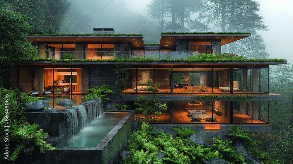 Multi-storey modern house It is located in the middle of a foggy forest and there is a small pond in the area of the house. Multi-storey modern house It is located in the middle of a foggy forest and there is a small pond in the area of the house.