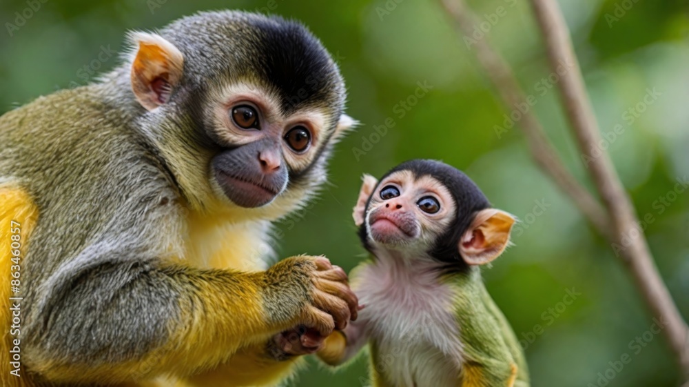 a mother squirrel monkey with her baby, both watching their surroundings a mother squirrel monkey with her baby, both watching their surroundings