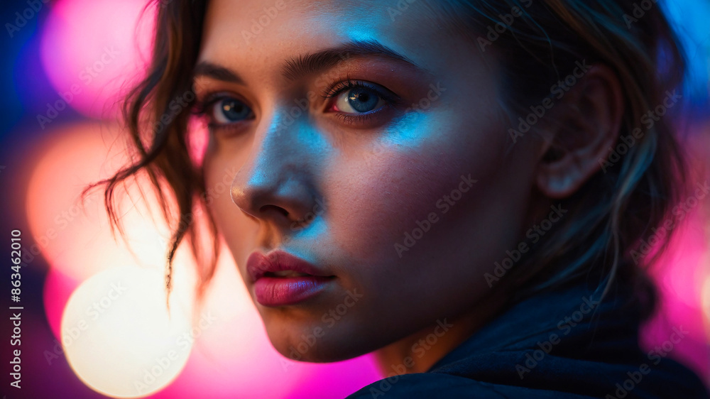Portrait of beautiful Caucasian female model looking to the side, she is in a futuristic neon studio room Portrait of beautiful Caucasian female model looking to the side, she is in a futuristic neon studio room