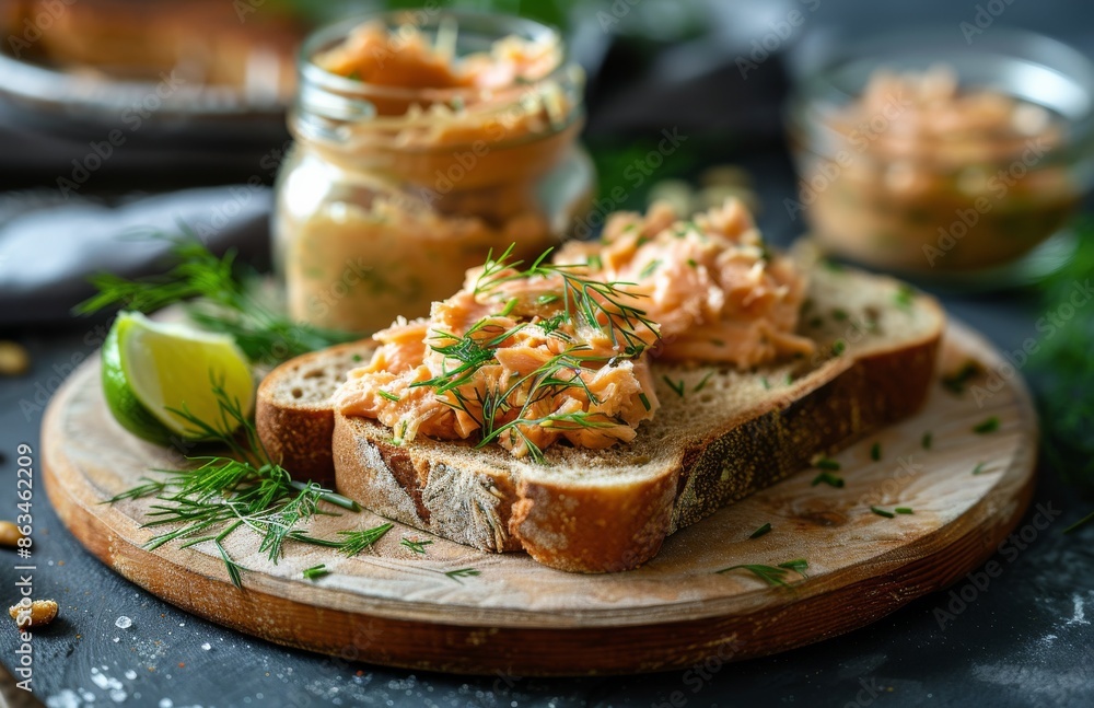 Salmon Cream Cheese Sandwiches With Dill and Chives on Wooden Board Salmon Cream Cheese Sandwiches With Dill and Chives on Wooden Board