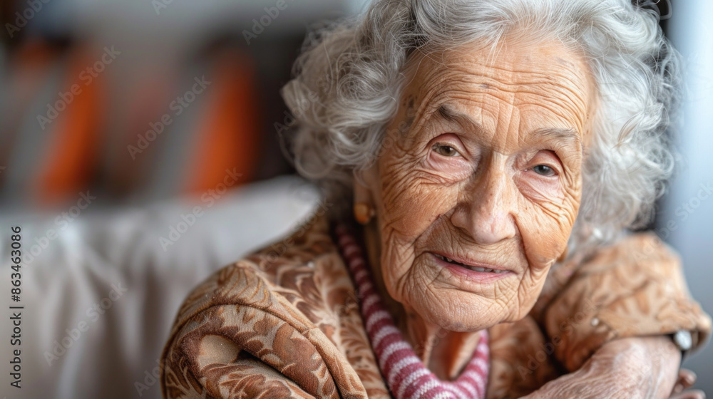 A woman with white hair and a red necklace is smiling. She is sitting on a couch A woman with white hair and a red necklace is smiling. She is sitting on a couch