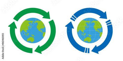 青と緑の地球をリサイクルマークの矢印で囲った環境、経済のイラストセット