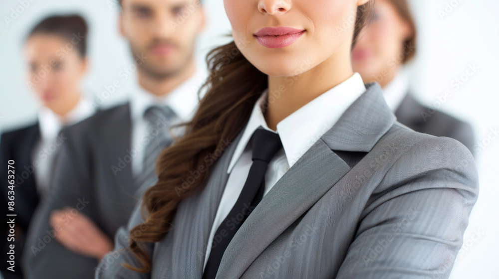 A woman in a business suit stands with her arms crossed and a smile on her face. She is the center of attention in a group of people A woman in a business suit stands with her arms crossed and a smile on her face. She is the center of attention in a group of people