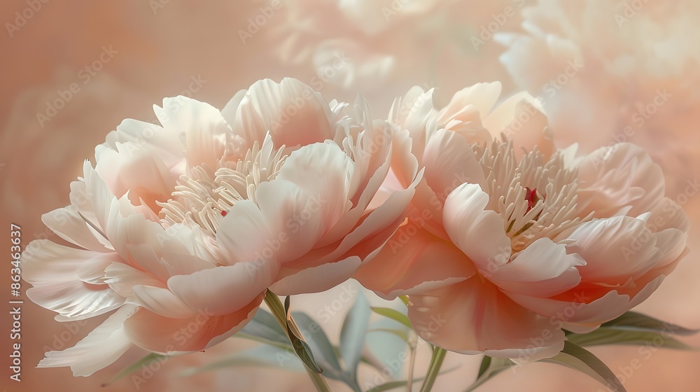 An arrangement of delicate pink peonies, their soft petals more prominent than the subtle green stems and leaves cradling them. An arrangement of delicate pink peonies, their soft petals more prominent than the subtle green stems and leaves cradling them.