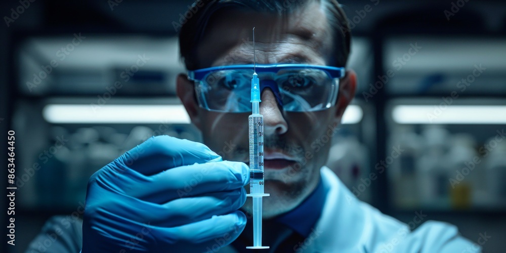 veterinarian in a lab coat carefully holds a syringe, ready to administer medication to a farm animal in need of care. veterinarian in a lab coat carefully holds a syringe, ready to administer medication to a farm animal in need of care.