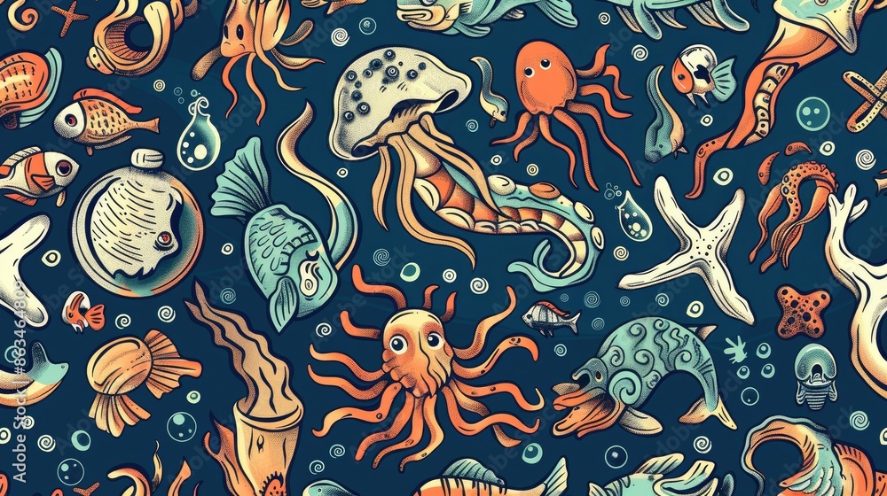 Naklejka premium Sea themed hand drawn seamless pattern with various aquatic elements
