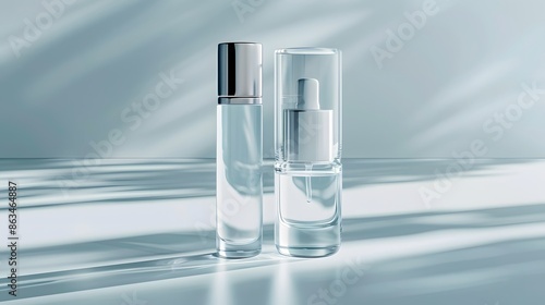 Clear glass cosmetic bottle mockup, both filled and empty versions, set against a pure, isolated backdrop. employing a flat lay technique to emphasize the product’s silhouette.