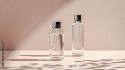 Clear glass cosmetic bottle mockup, both filled and empty versions, set against a pure, isolated backdrop. employing a flat lay technique to emphasize the product’s silhouette.