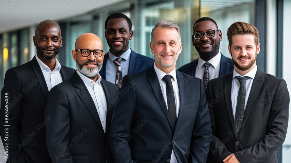 Group of multiethnic businessmen standing together in an office environment, smiling confidently Group of multiethnic businessmen standing together in an office environment, smiling confidently