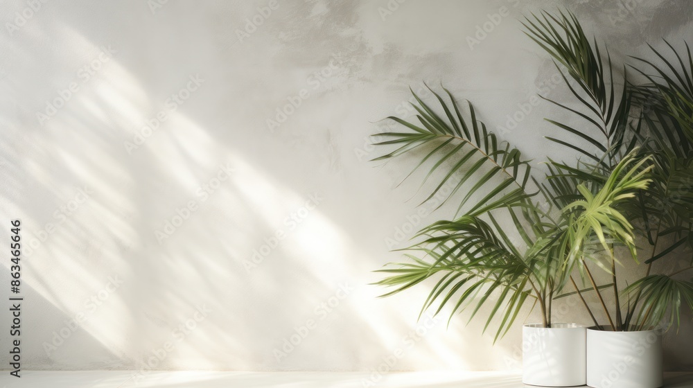Large green palm leaves casting shadows on a smooth white concrete wall Large green palm leaves casting shadows on a smooth white concrete wall