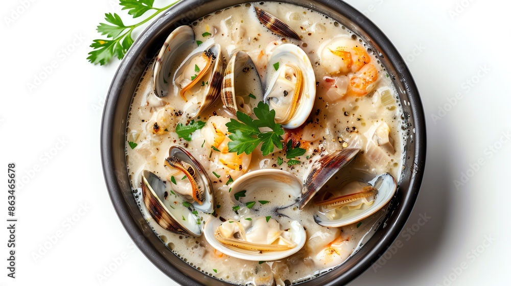 A top view of Clam Chowder isolated white background, studio light for focused advertising A top view of Clam Chowder isolated white background, studio light for focused advertising