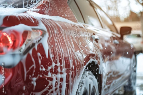 car wash service with foamy soap suds and water jets photo