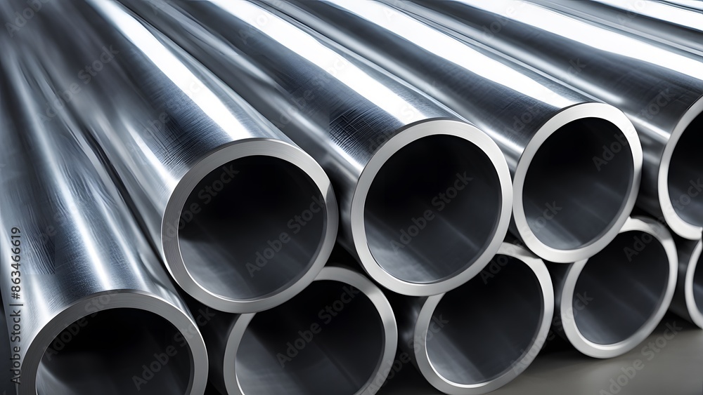Shiny, neatly stacked steel pipes showcasing their smooth, reflective surfaces in an industrial setting. Shiny, neatly stacked steel pipes showcasing their smooth, reflective surfaces in an industrial setting.