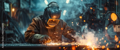 Industrial Welder Working With Sparks Flying In Factory