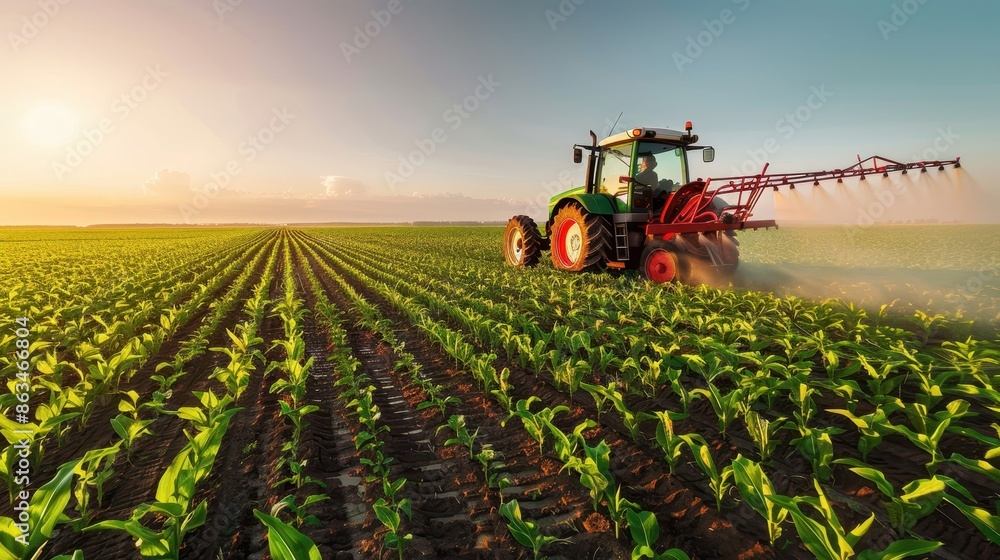 A tractor is captured spraying pesticides on a corn field A tractor is captured spraying pesticides on a corn field