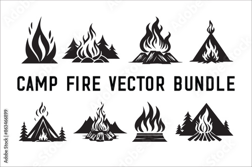 

Camp fire icon Bonfire burning silhouette Vector Bundle. Camp fire Bundle silhouette vector illustration. 