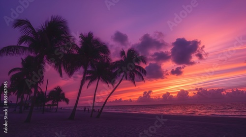 Fototapeta Naklejka Na Ścianę i Meble -  2. Sunset over South Beach, Miami Beach, Florida, where the sky is ablaze with hues of orange and purple, casting a warm glow over the beachgoers relaxing on the sandy shore and the palm trees